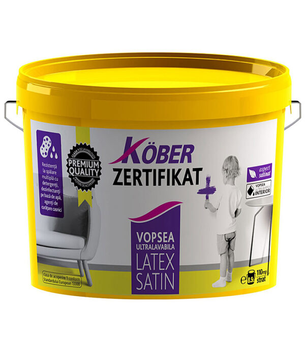 Kober Zertifikat Plus Latex satin este o vopsea lavabila de inalta calitate cu aspect semilucios, textura matasoasa si ultrarezistenta la spalare.