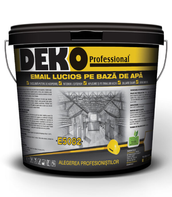 DEKO E5082 EMAIL LUCIOS PE BAZA DE APA pentru suprafețe interioare/exterioare din lemn, metal și zidărie, camere copii, şcoli, grădiniţe, stupi de albine.