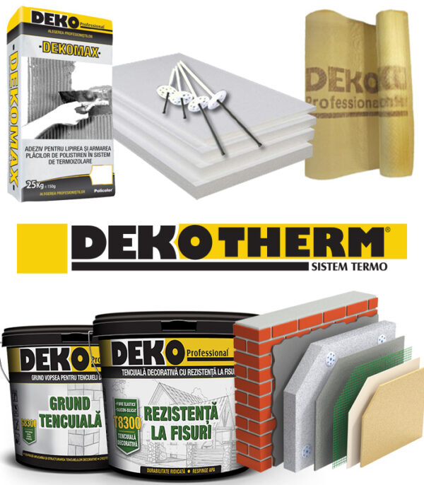 Termosistemul premium DEKO este alcatuit din toate elementele necesare: Polistiren, mortar lipire si armare, plasa, dibluri, grund si tencuiala decorativa.